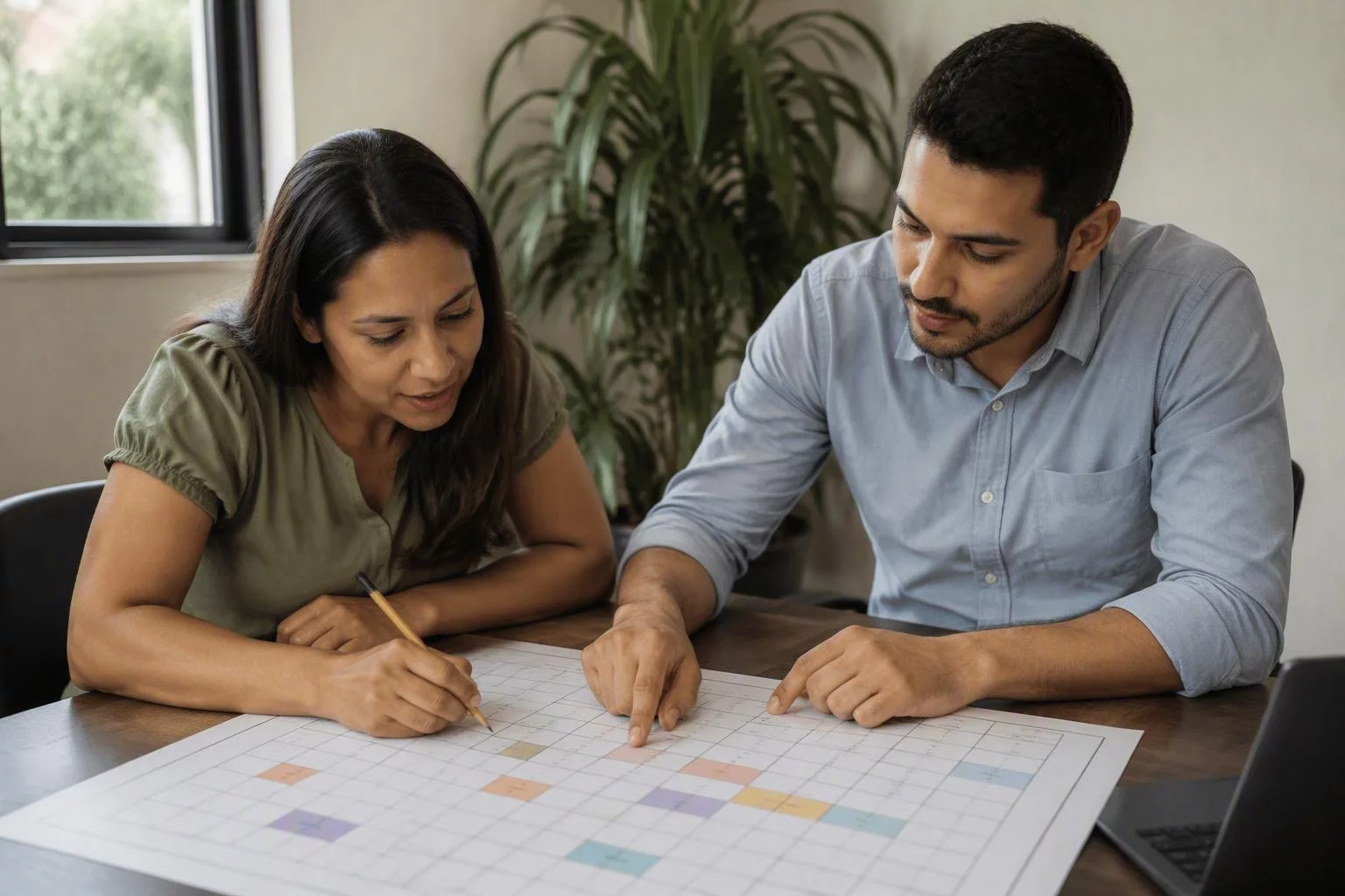 Dupla fechando o calendário de publicação numa folha quadriculada